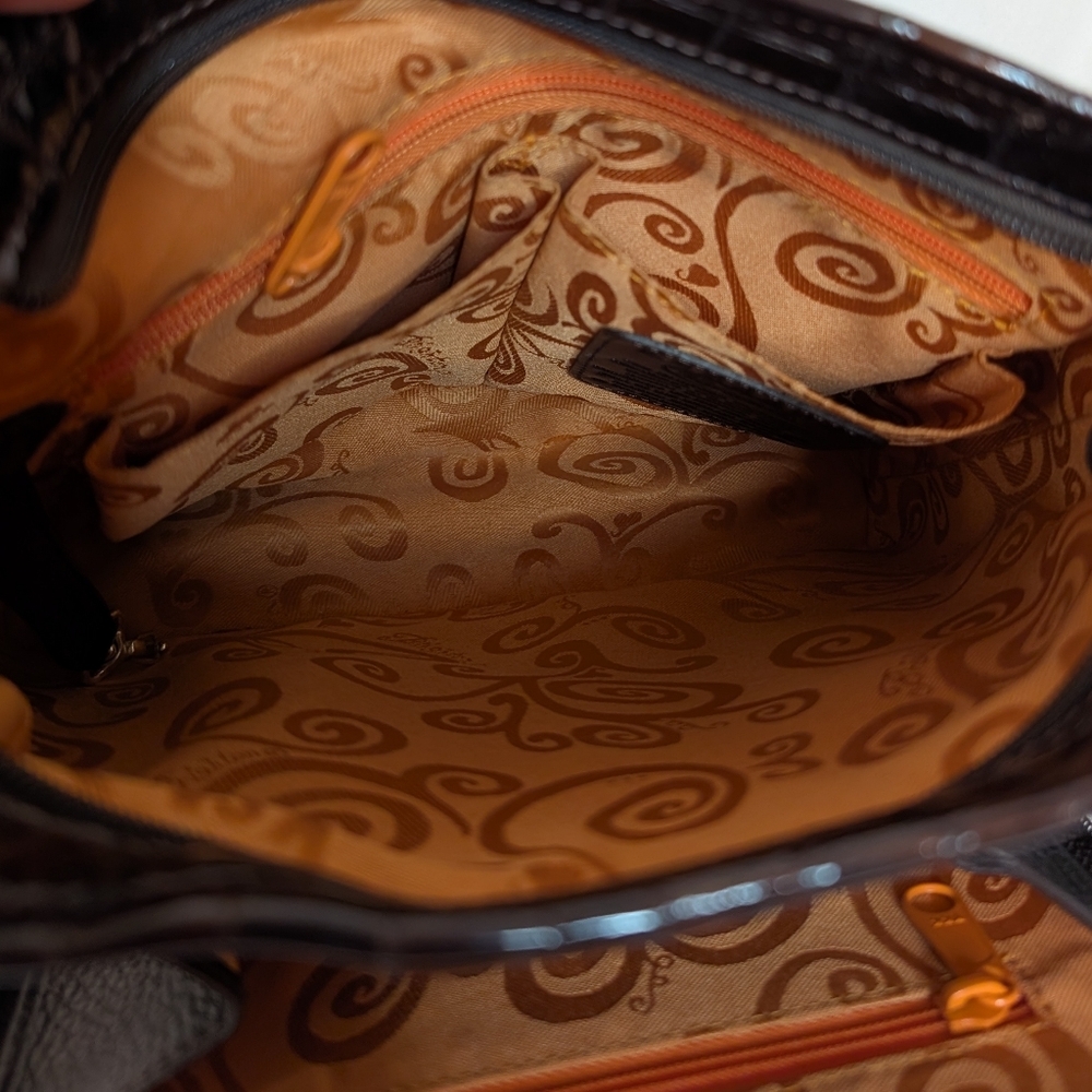 Brighton Sonny Lil Cher Croc-Embossed Patent Leather Bronze Brown Shoulder Bag - Picture 9 of 15